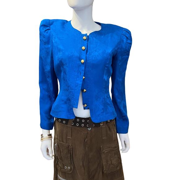 Vintage Silk Maggy London Royal Blue Floral Textured Gold Button Top, 6 - Picture 2 of 11